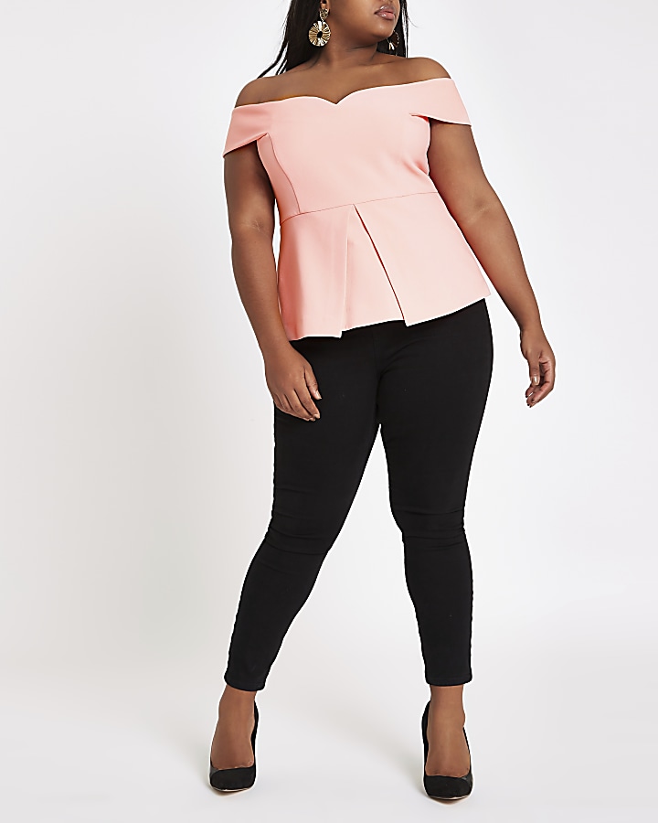 Plus coral structured bardot top