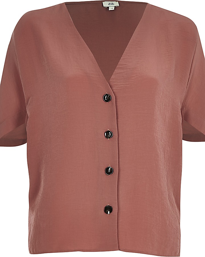 Copper button front short sleeve loose top
