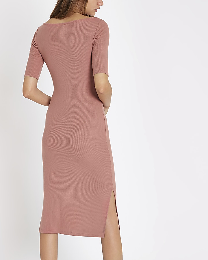 Pink belted short sleeve midi dress