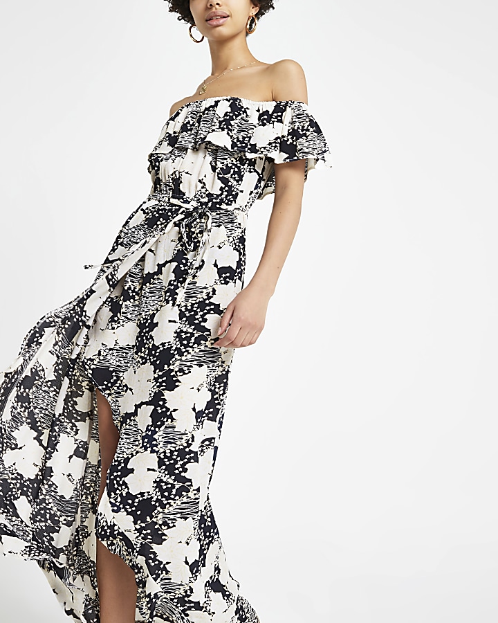 Navy floral print bardot maxi dress