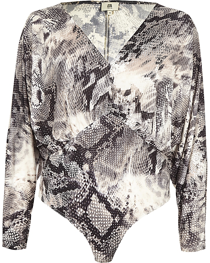 Petite grey snake print long sleeve bodysuit