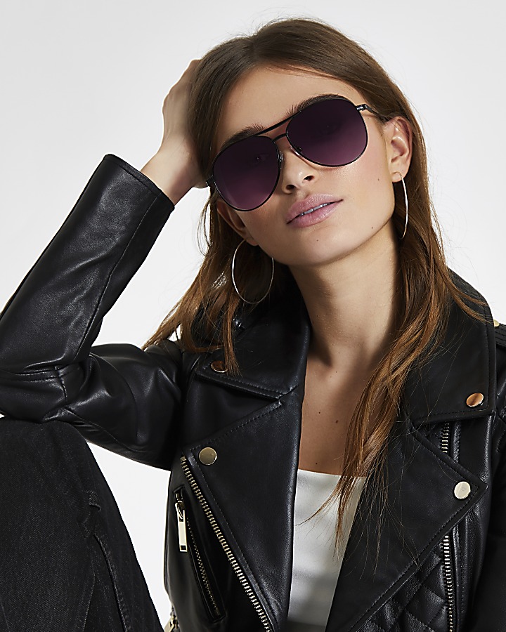 Black purple lens aviator sunglasses