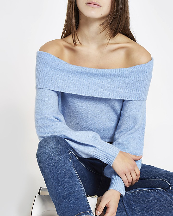 Petite light blue knit bardot jumper