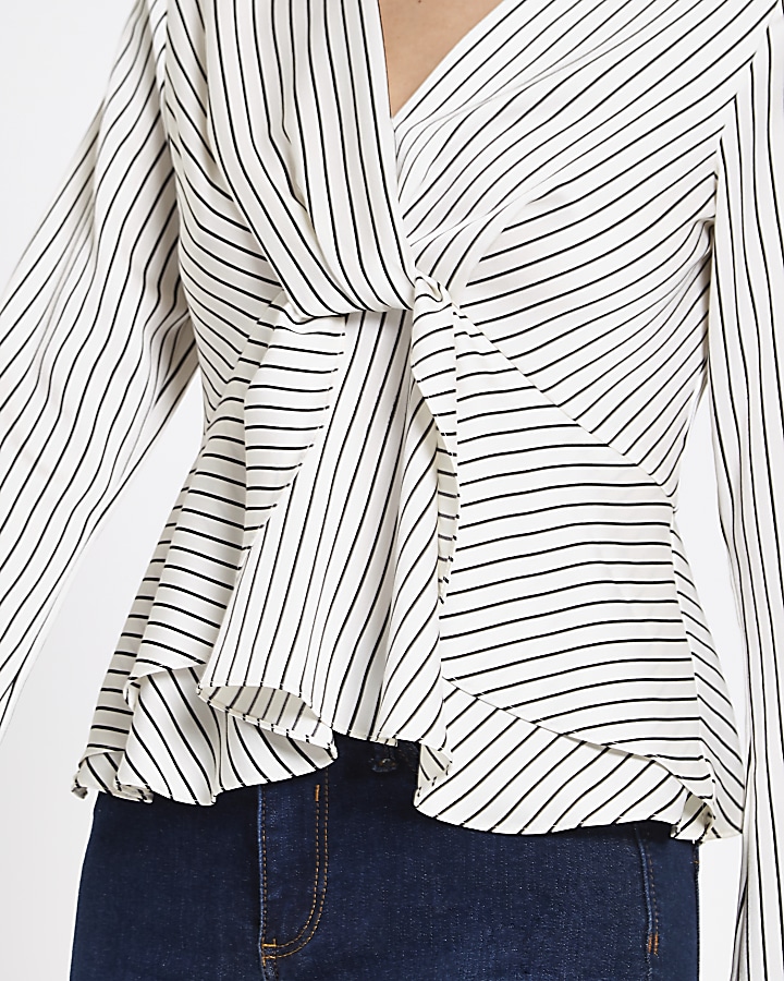 Petite white stripe twist front blouse