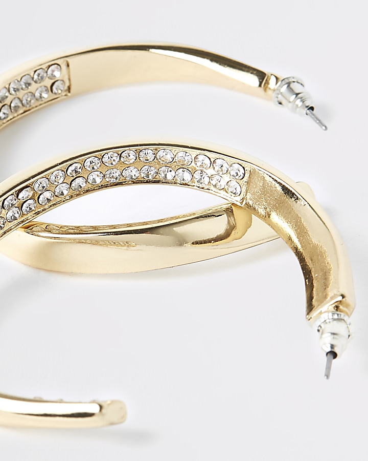 Gold tone diamante pave chunky hoop earrings