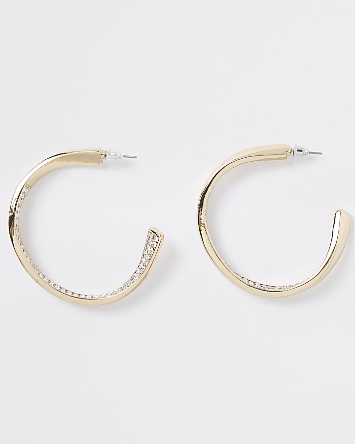 Gold tone diamante pave chunky hoop earrings