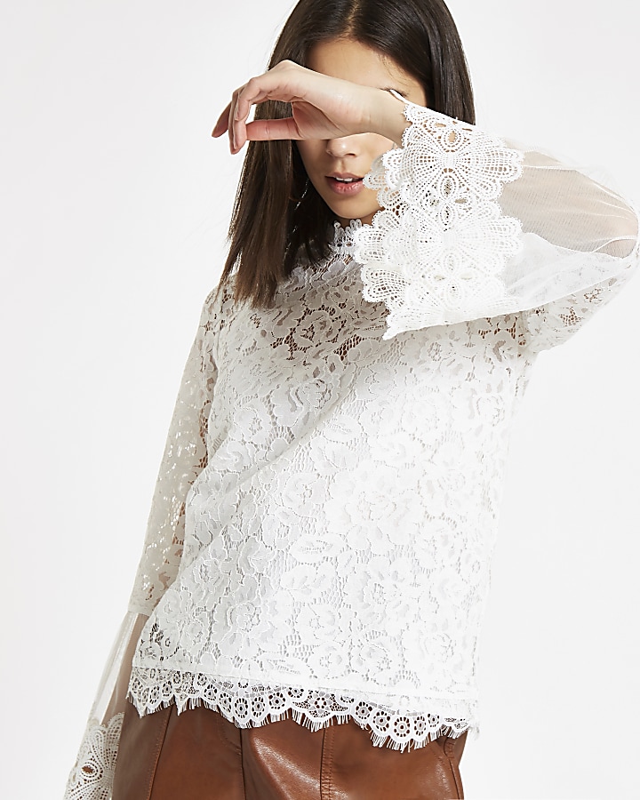 White lace high neck long sleeve top