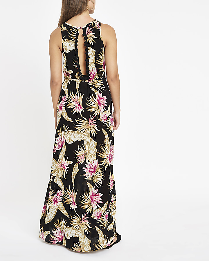 Black palm print tassel trim beach dress