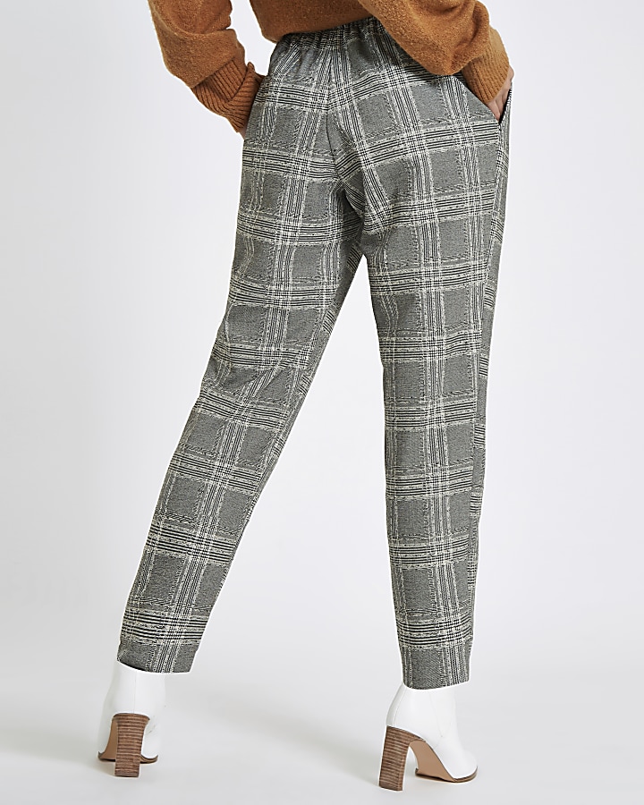Black check belted tapered trousers