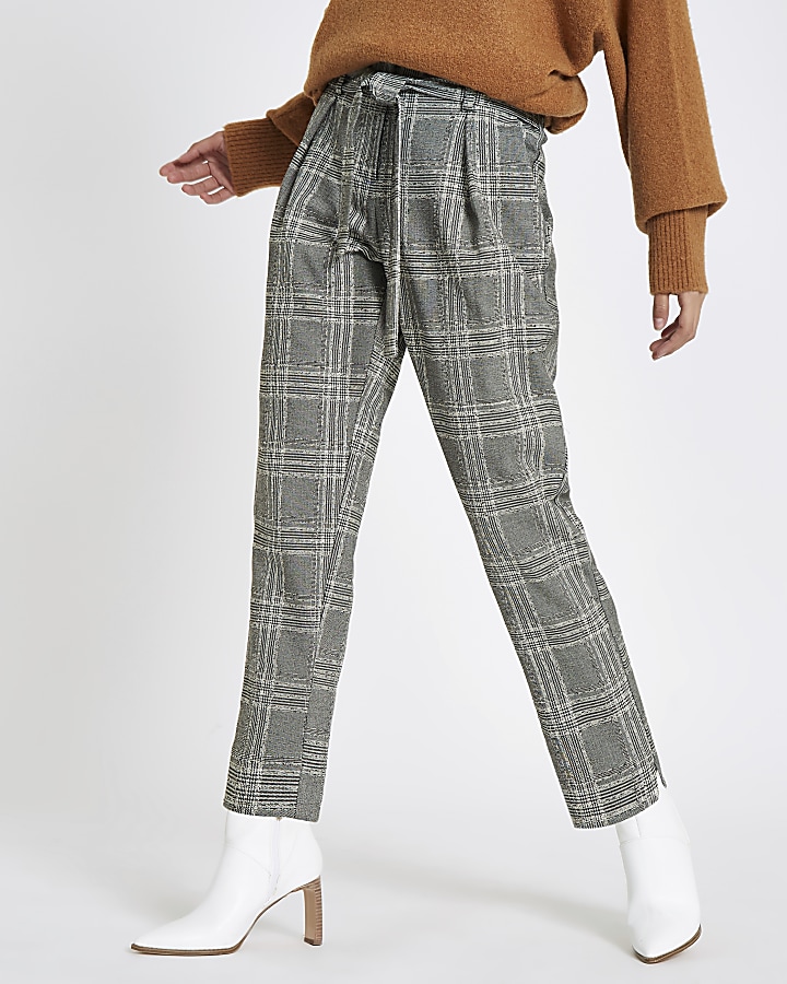 Black check belted tapered trousers