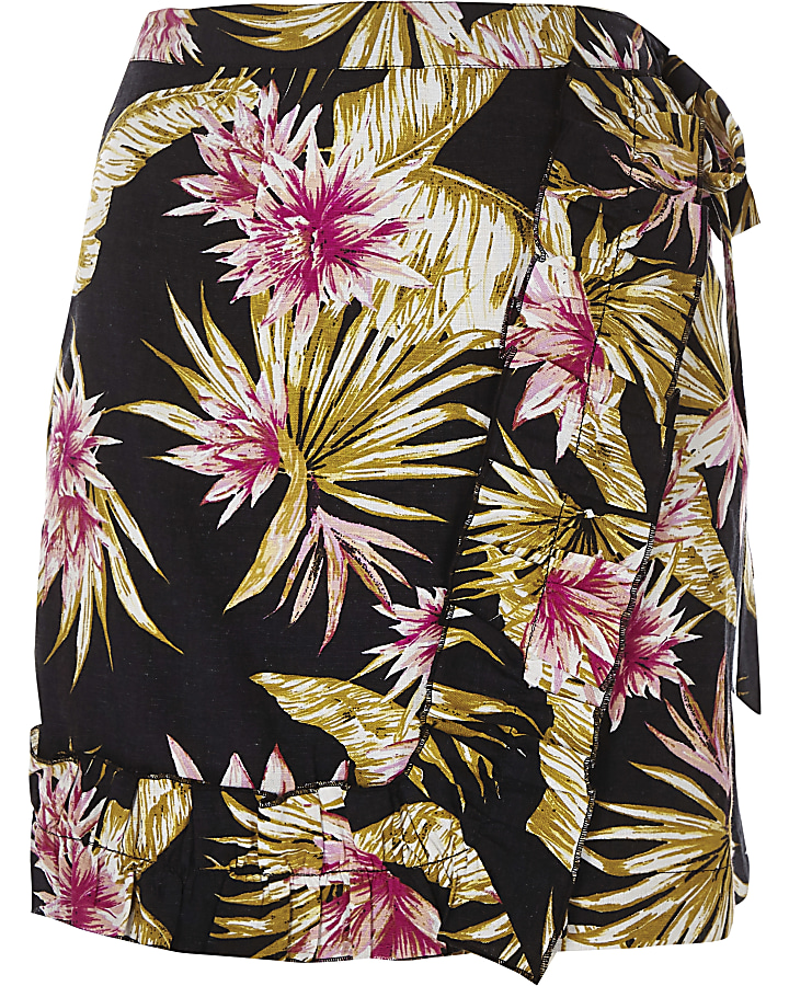 Black palm print frill tie beach skirt