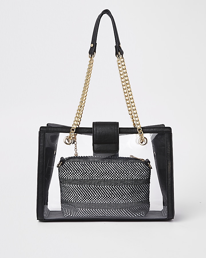 Black perspex inner pouch chain tote bag