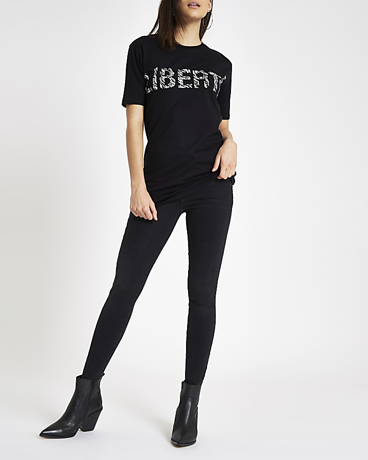 Black 'liberte' zebra print diamante T-shirt