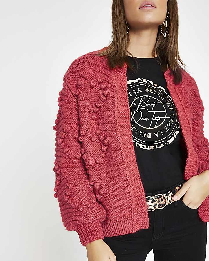 Red heart bobble chunky knit cardigan