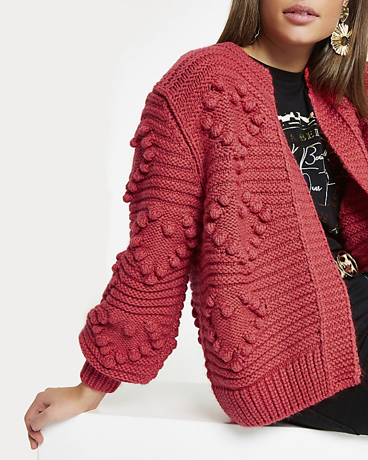 Red heart bobble chunky knit cardigan