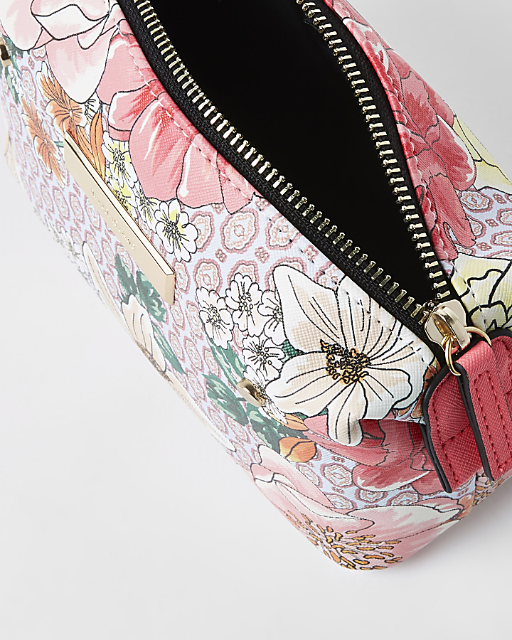 Pink floral zip top makeup bag