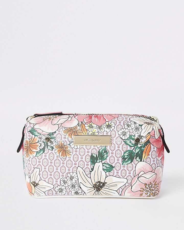 Pink floral zip top makeup bag