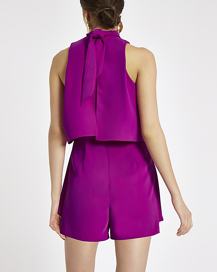 Bright purple high neck tiered frill playsuit