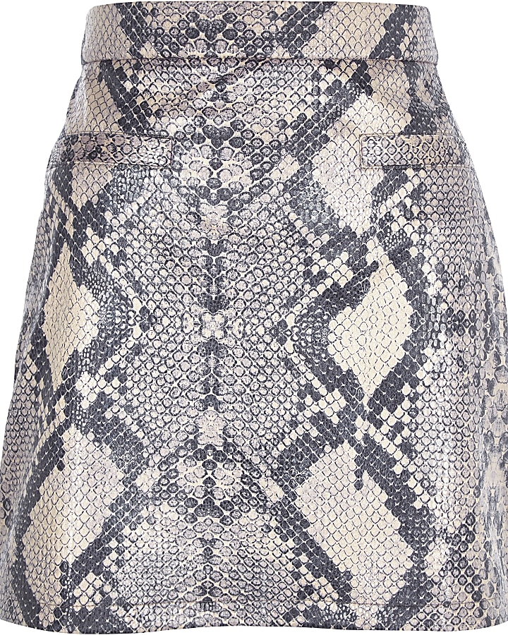 Grey snake print zip mini skirt