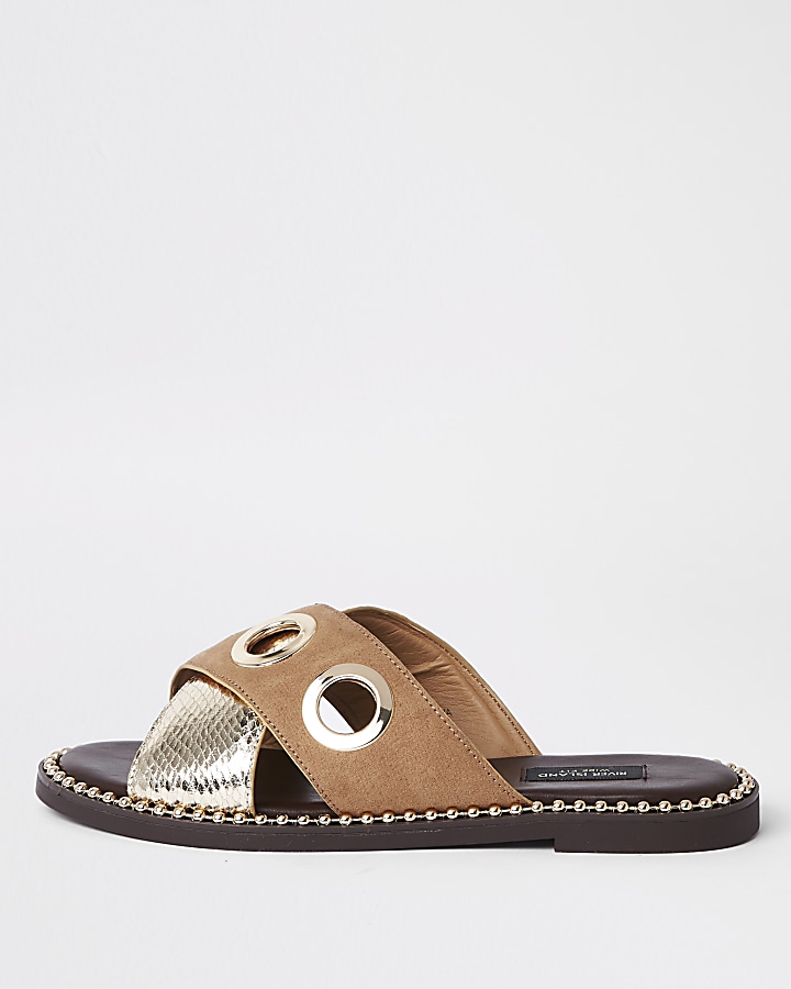 Light brown cross eyelet strap wide fit mules