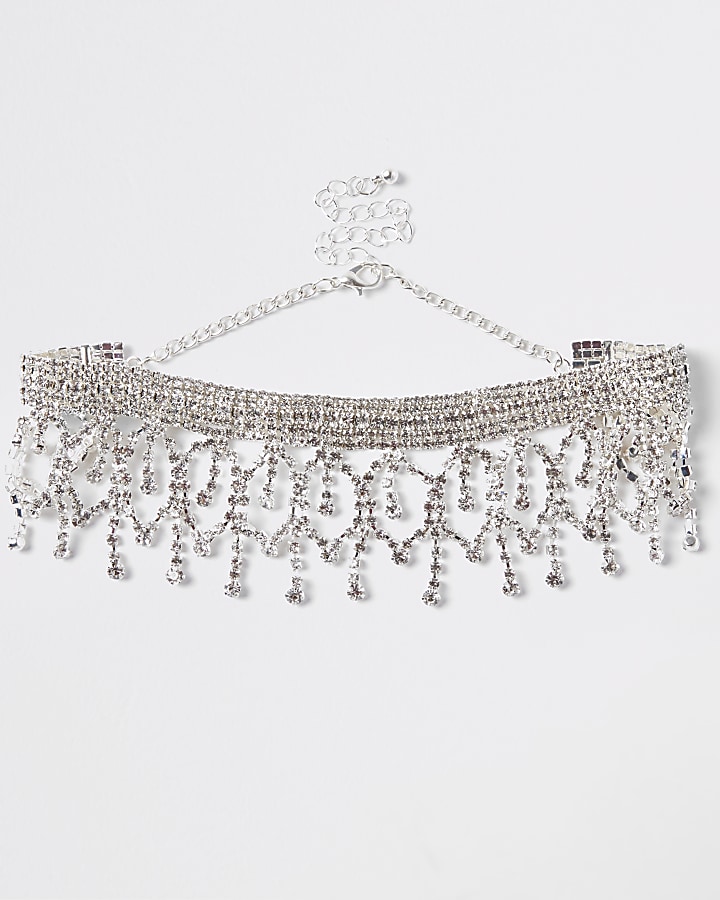 Silver colour chandelier diamante drop choker