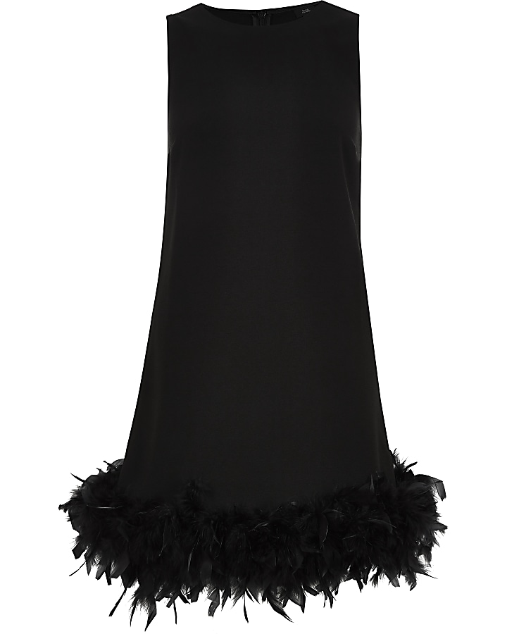Black feather trim swing dress