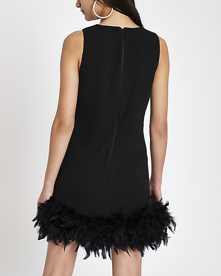 Black feather trim swing dress