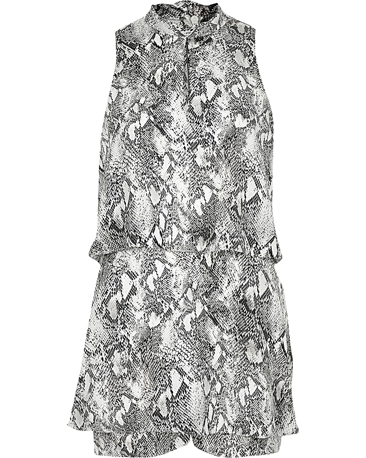 Grey snake print high neck tiered playsuit