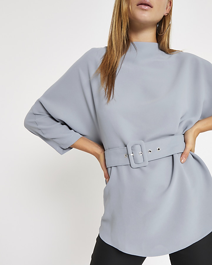 Grey loose fit belted top