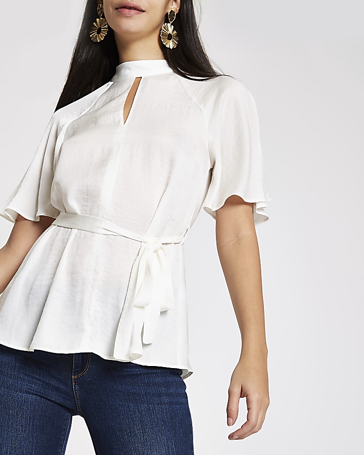 White tie waist batwing sleeve blouse