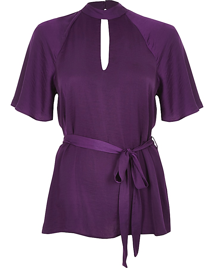 Purple short sleeve tie front blouse