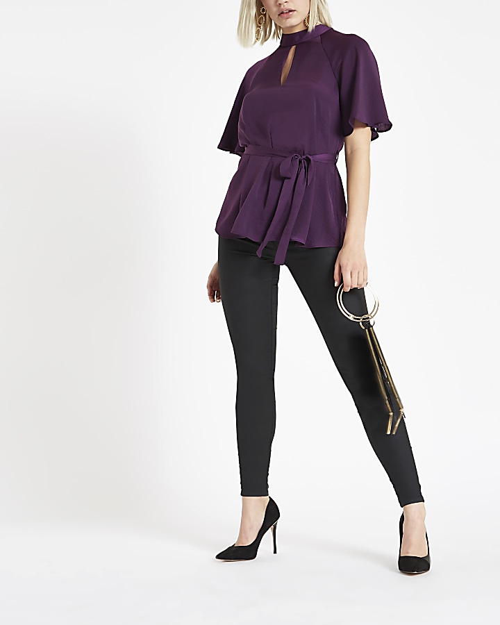 Purple short sleeve tie front blouse