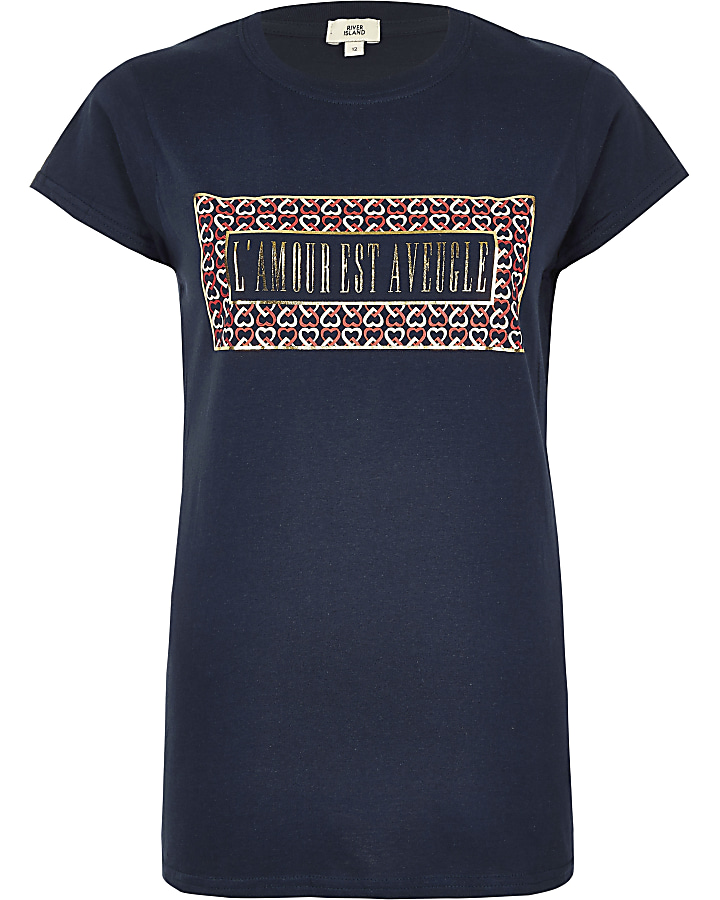 Navy ‘l’amour’ heart print fitted T-shirt