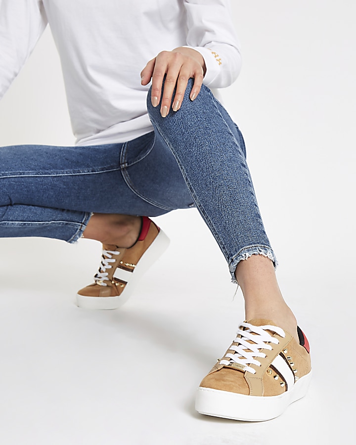 Beige studded lace-up trainers