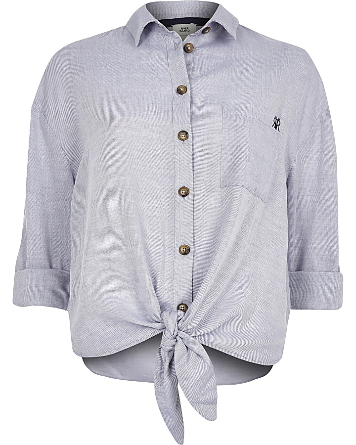 Blue tie front rolled sleeve shirt
