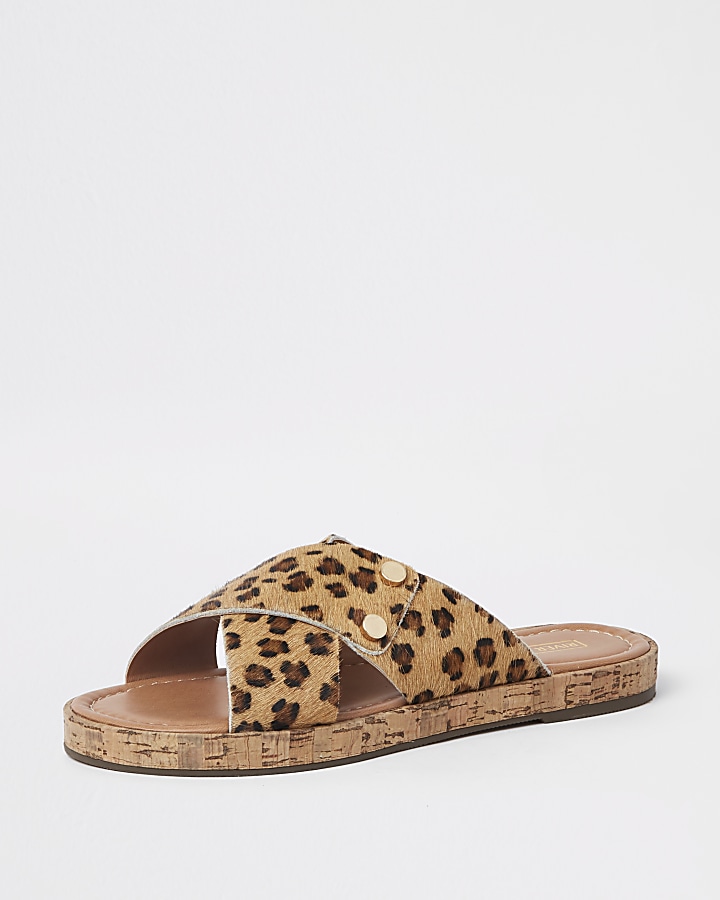 Brown suede leopard cross strap sandals