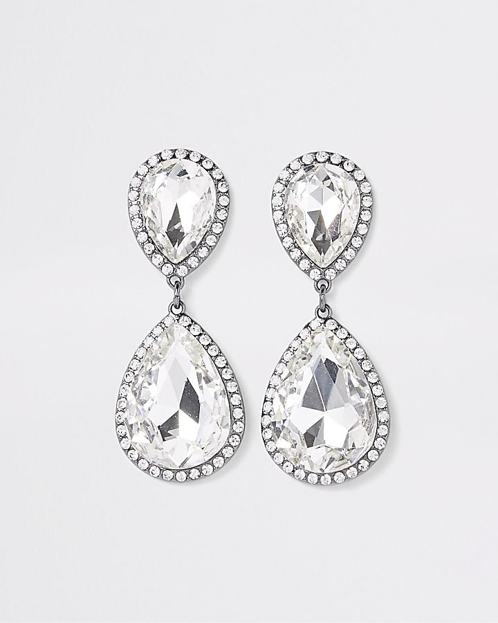 Silver tone diamante stone drop earrings