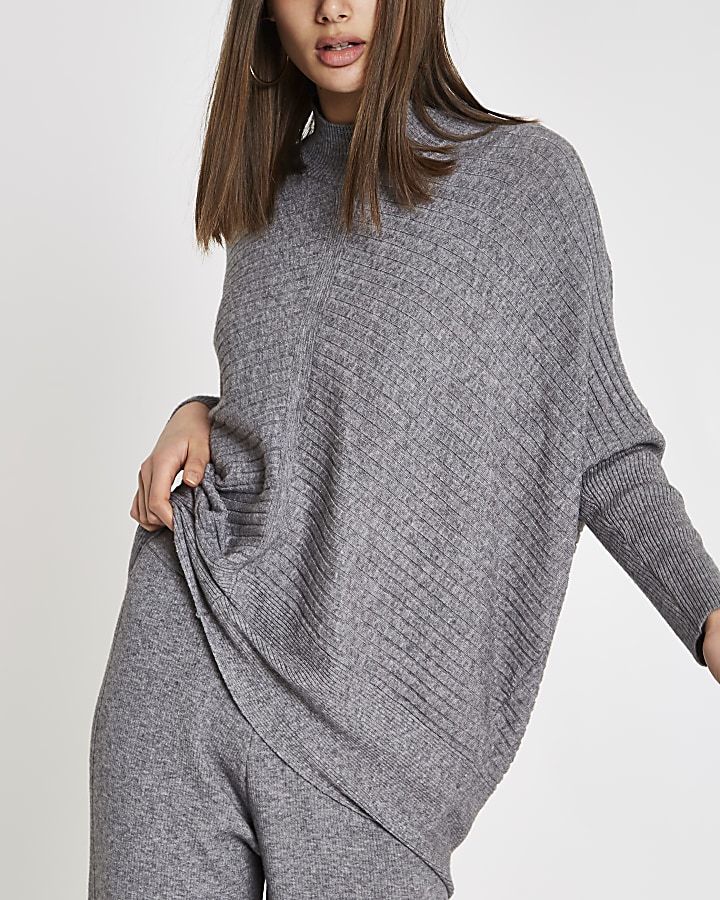 Grey rib knit high neck long sleeve jumper