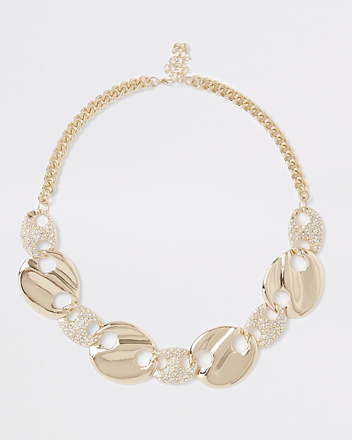 Gold tone diamante disc necklace