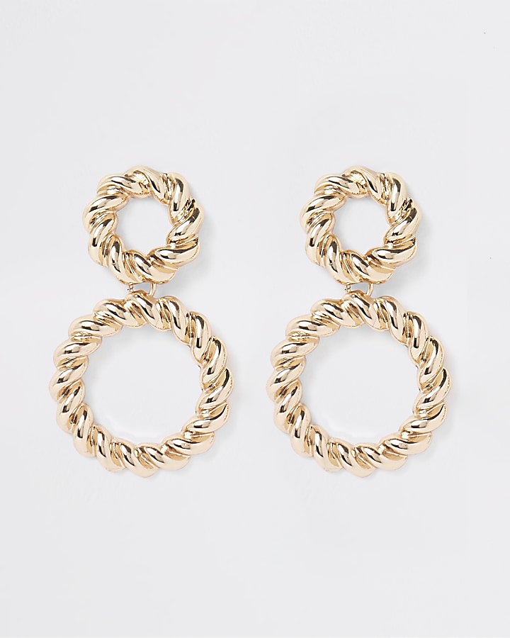 Gold colour twisted ring drop earrings