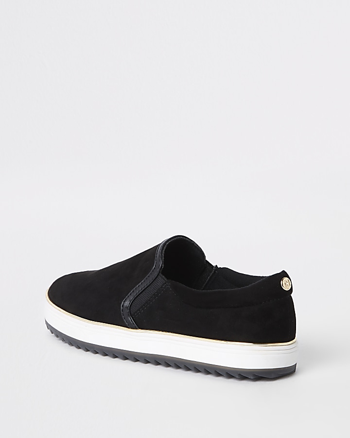 Black faux suede slip on trainers