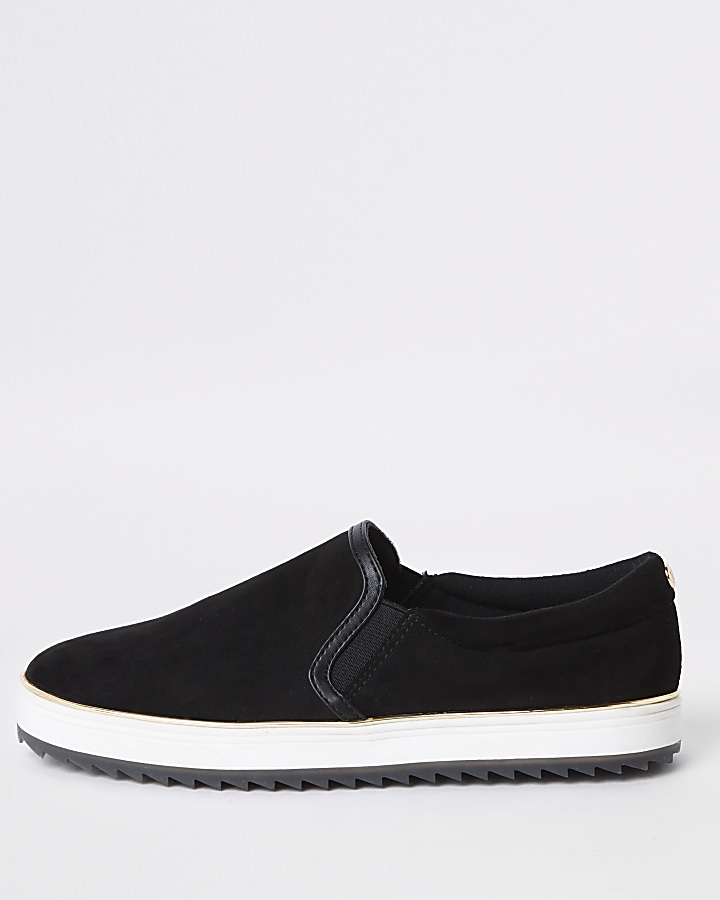 Black faux suede slip on trainers