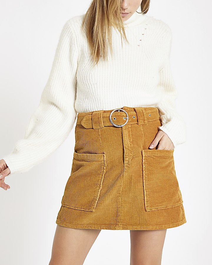 Mustard cord belted mini skirt