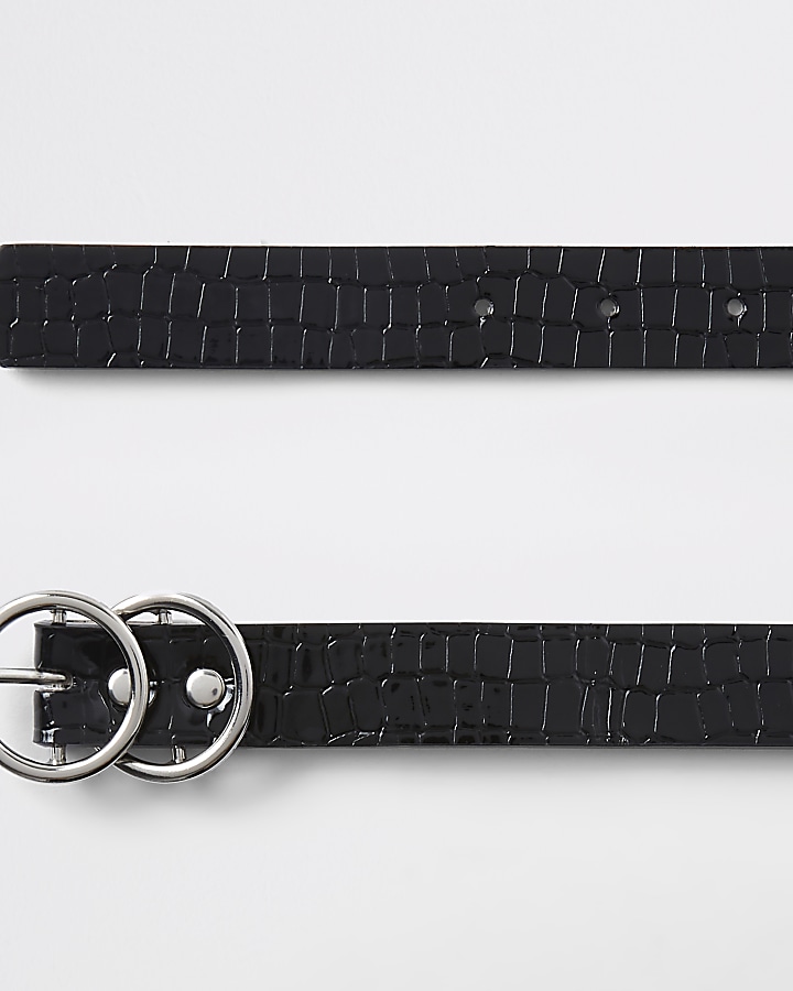 Black croc embossed double ring mini belt