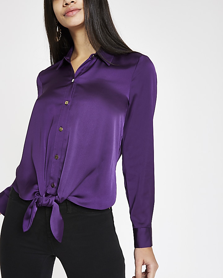 Purple tie front button-up shirt