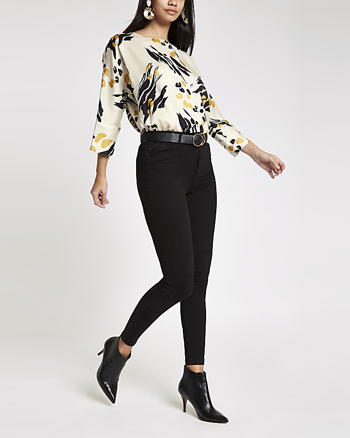 Cream abstract print batwing sleeve top