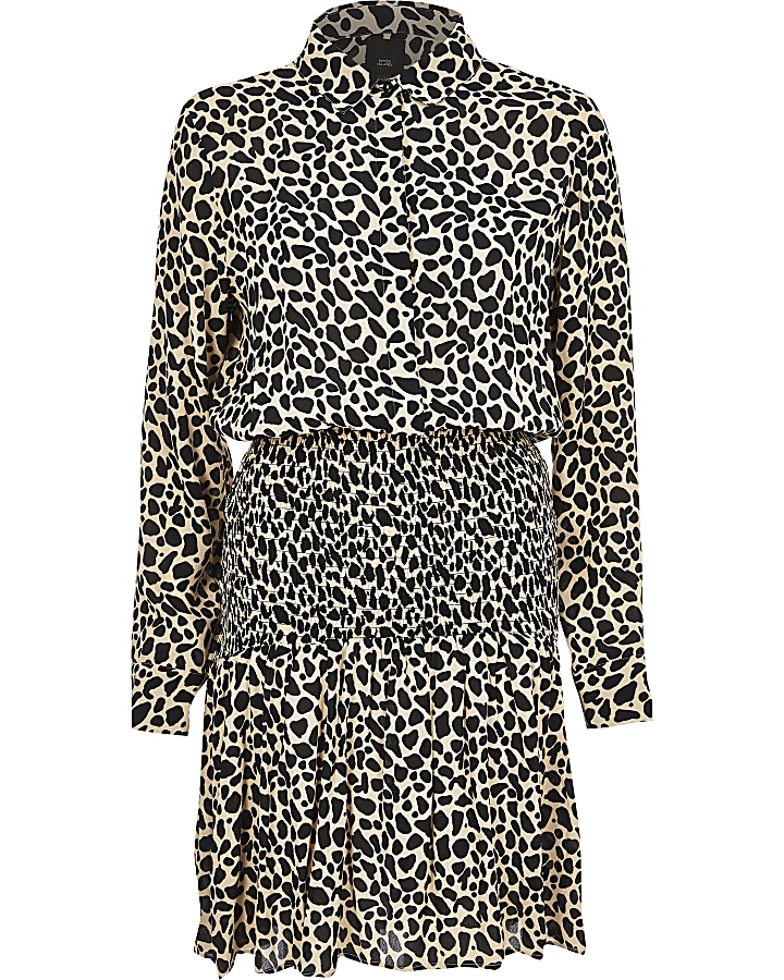 Black leopard print shirred shirt dress