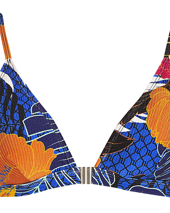Blue floral clip front triangle bikini top