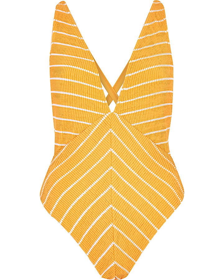Orange stripe textured plunge swimsuit
