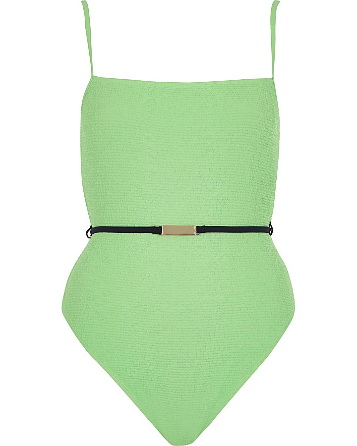 Bright green textured belted swimsuit